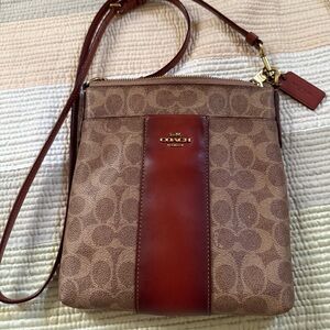Coach Brown/Tan Signature Crossbody with Leather Stripe